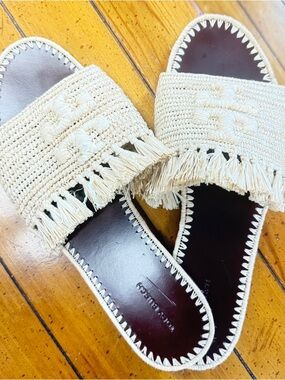 Tory Burch Cream Woven Fringe Slide Mules